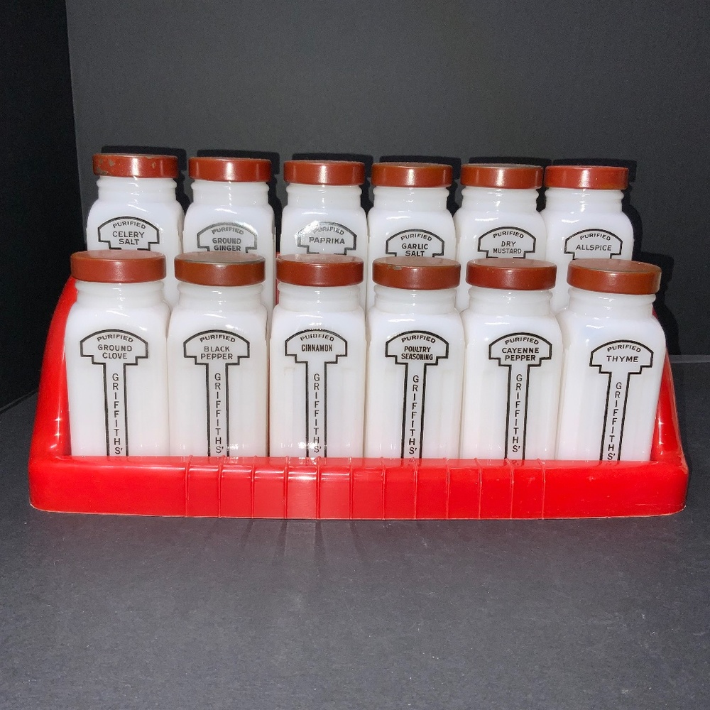 Griffith’s Red 1940 Spice Rack 12 Jars All Have Back Labels, Shaker & Red Caps!